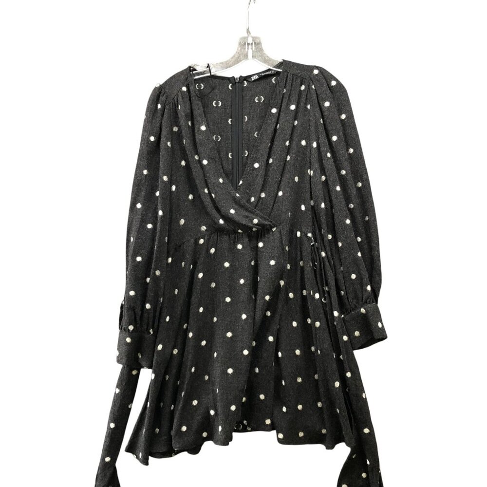 Zara Long Sleeve Mini Dress‎ Size M Gray White Polka Dot Surplice Tie Waist